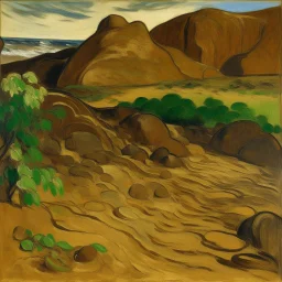 A brown dunes with a rocky road painted by Paul Gauguin