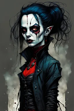 create a highly ethereal, darkly magical full body portrait illustration of a ragged malevolent female goth vampire , with highly detailed and deeply cut facial features, in the the style of JEAN-BAPTISTE MONGE and BILL SIENKIEWICZ, searing lines and forceful strokes, precisely drawn, boldly inked, with vibrant colors