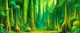 A green forest with thunder tikis painted by Salavdor Dali