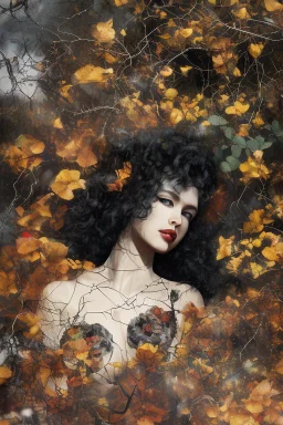 abstract creation of a beautiful girl with black curly hair, surrounded by black roses, thick metal chain broken, glass petals on the ground, autumn colours,dried out thorn bush, chaos,