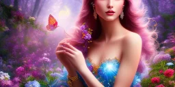 bright fairy, beautiful portrait, flowery landscape