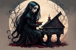 create a highly ethereal, darkly magical full body portrait illustration of a lonely orphan goth vampire girl playing the piano , with highly detailed and deeply cut facial features, in the the style of JEAN-BAPTISTE MONGE, searing lines and forceful strokes, precisely drawn, boldly inked, with vibrant colors