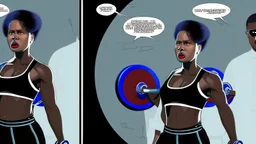 2 panels: one with an angry black lady screams on phone the other panel shows Tyrone using workout machine