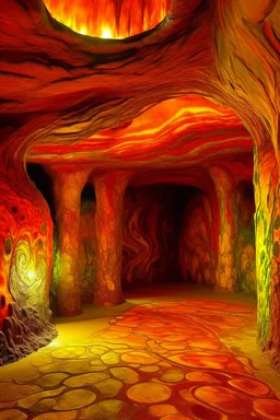 An orangish tan underground cavern with flowing lava designed in ancient Greek pottery painted by Gustav Klimt