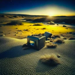 Photograph, tiltshift, polaroid, odd objects scattered over a wasteland, powder, night, pltic tarlin, hs23, nightmare, cfd4b, minimalist, details of the terrain very accentuated, 8k, deep 3d field, sharp, eerily mysterious, artistic photo, large format film, medium format film, details of the odd objects very accentuated