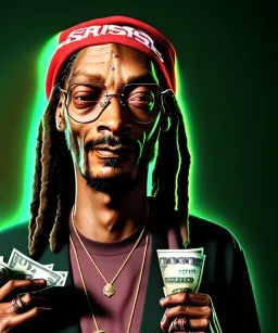 Snoop Dogg, burning cigar with dollars, leaf background, hyper realistic
