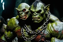 Orc holding a chain attached to the neck of a human captive