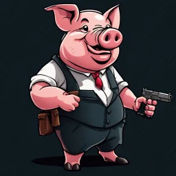 Little pig laughing, armed with a gun, cartoon style, James Bond style, vivid and dark colors, transparent background, 32k UHD