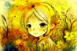 double exposure, merged layers, painted and burned burlap, cute chibi anime flower princess in a flowergarden, melting watercolor and black ink outlines on wet paper, soft, shading strokes, in sunshine, ethereal, otherwordly, cinematic postprocessing, bokeh, dof