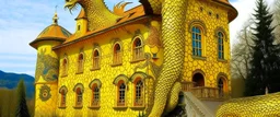 A yellow castle with a sun dragon painted by Gustav Klimt
