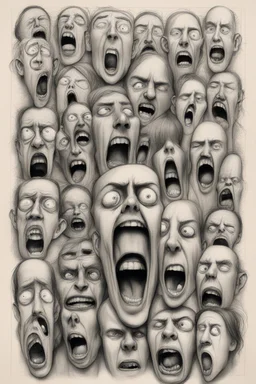 sketch of many faces on a pages, screaming and sad, demented, mad, journal