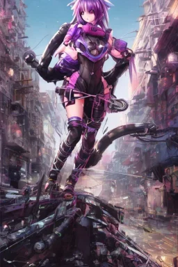 Detailed cute anime Kunoichi girl, purple hair buns, purple bangs, black latex bodysuit, intricate details, full body portrait, keep head in frame, slight smile, black Japanese motif, concept art, highly detailed, digital painting, concept art, sharp focus, illustration, art by Yoji Shinkawa, WLOP and greg rutkowski and alphonse mucha and artgerm and yanjun Chen and Junji ito and Makoto Shinkai, HDR, octane render