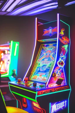 a millineal teenage boy is playing video arcade games, bright colored clothes from the 90s, hairstyles of that time, comic style