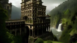 1.Generate an image of the Hotel Del Salto, standing tall on the edge of the Tequendama Falls, with its grand architecture and a sense of eerie stillness.