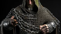 hooded monk in chain mail with a sword