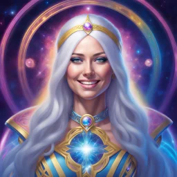 full body photorealistic portrait of a gorgeous smiling celtic spiritual priestress with long parma white hair, tight hips with a tron like body suit tribute to the galaxy in a cosmic surounding only blue , pink and yellow, crystal jewels