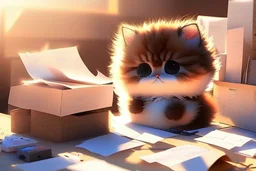 Cute fluffy chibi pixar brunette kitten working very hard at a desk, surrounded by lots of paper, computers and paper boxes, in the sunlight.