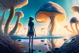 woman standing on the shores of an alien world, with mushrooms with jellyfish tentacles, floating in the air, photorealistic, Detailed Matte Painting, Deep Colour, Fantastical, Intricate Detail, sunshine