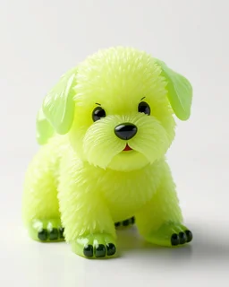 Generate image: A macro 3D render of a cute, lovely wooly dog ,made of Translucent glossy jelly material, soft gelatinous appearance, smooth rounded surface, realistic subsurface scattering, internal light diffusion, subtle volumetric translucency, wet polished highlights, slightly reflective surface, soft rubbery-plastic texture, vibrant neon green color, physically based shader, studio lighting, high-end CGI render.