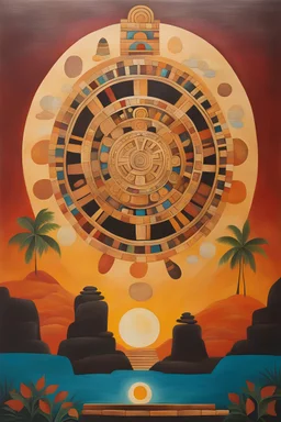 Create a minimalist painting of mayan culture that shows mysterious sing of fortune ,earthen background, vibrant rich dark colors