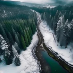 immergrüner, stark verschneiter Waldblick von oben mit kleinem Fluss, leichter Schneefall, sieht aus wie der Schwarzwald, hyperrealistisch