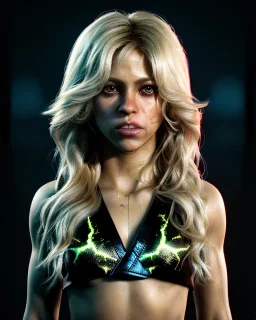 portrait, Shakira, blonde artist, angry, Realistic image, MMA robe, hoodie, mma gloves, fight pose, make-up make-up, gold line make-up, moisture, sweat, fog, goddess, Neon colors, leds. Black background, photo studio, concept art, smooth, unreal engine 5, god lights, ray tracing, RTX, lumen lighting, ultra detail, volumetric lighting, 3d, finely drawn, high definition, 4k.