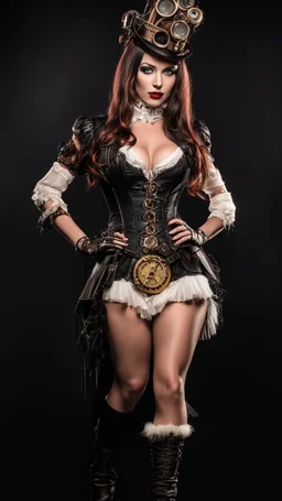 Full Body photo of a steampunk burlesque Woman With straight hair and a Fringe Hairstyle, Black Background