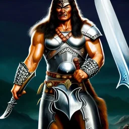 ultra detailed fullbody portrait of Conan, intense stare ,wearing metal armor, Holding Conan The Barbarian Atlantean Sword,extremely detailed digital painting, intrincate, extremely detailed face, in the style of Ohrai Noriyoshi and robert e howard and pablo oliveira and ARTGERM and Ken Kelley and Keith Parkinson,mystical colors,perfectly centered image, perfect composition, rim light, beautiful lighting,8k, stunning scene, raytracing