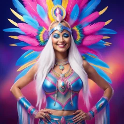 full body photorealistic portrait of a beautiful smiling amazonian carnival spiritual goddess with long parma white hair, colorful feathers tight hips with a tron like body suit in a cosmic surounding only blue , pink and yellow