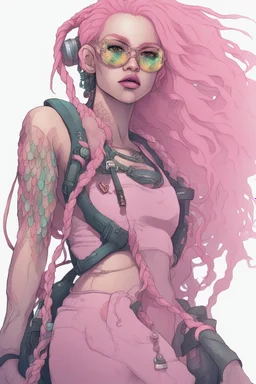 entire body mermaid cyberpunk some fish scales on face pink hair dreadlock sunglasses