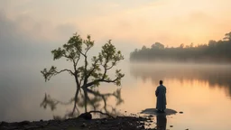 Lago al amanecer con bruma espesa, la ninfa Dafne transformándose parcialmente en laurel junto al agua, Apolo observándola desde la orilla, estilo realismo lírico con toque mágico.
