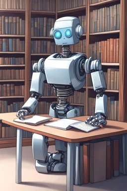 The library is serviced by computers, and there are many books on the shelves. The robot sits at the table and searches for books in the catalog in the computer Expression. High-quality drawing, 8K