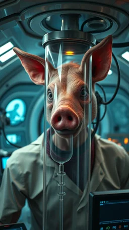 A hybrid human with creatures looks like pig face inside a laboratory transparent cylinder connected with many wires and small plastic tube to big machine inside a aliens space ship, 4k , high quality picture and dim lighting with small screen monitors
