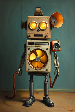 a mechanical man with fan in his chest , 2 light balls as eyes , 2 speakers as ears one refrigerate as head and 2 vacuums cleaners as legs , surreal, Van Gogh, Busch painting style