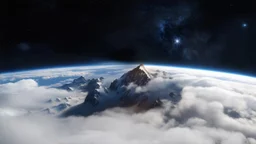 a fog planet's atmosphere is pierced by a single sharp mountain peak. a curved horizon separates the starry space