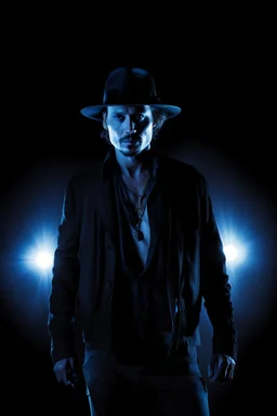 pitch-black background with a blue glowing overhead spotlight effect, Johnny Depp