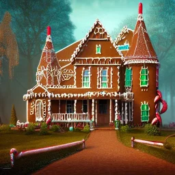 close-up of Victorian house made of gingerbread and vibrant candy, cotton candy trees and gumdrop walkway, 8k resolution, centered, high-quality, ultrafine-detail, digital art, detailed matte, volumetric lighting, illustration, 3D octane render, brian froud, howard lyon, greg rutowski, George Grie