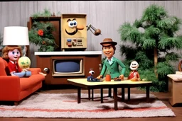 [1960’s stop-motion animation style in the living room] a 70s humour funny advertisement video TV featuring The Brady Bunch, Gilligan's Island, Laugh-In, The Partridge Family as a claymation character toy from a claymation horror movie in burning rainbow land, from hell, creepy Videos, eyeballs and trees everywhere , as old advertisement shot on video VHS