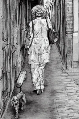 street, old lady with old poodle walking, model style, hyper realistic, accurate, delicate, extremely detailed, Graphic novel style, wide-angle, front view, open aperture, superfine pencil