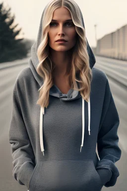 Ultra realistic photograph of a blonde adult girl wearing a grey hoodie in the middle of the road