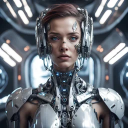 Futuristic cyborg girl with metal face and cyborg eyes, higly detailes, bright studio settings, studio lightning, crisp quality and light relections, unreal engine 5 quality render, garde art, deco fashion, photorealistic portrait, standing in af futuristic spaceship with computers and af wiev out of the window seeing the earth outside