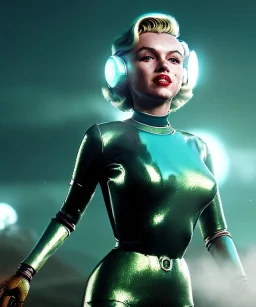 Ultra Realistic retro sci-fi 1960 scene, waist up view portrait, blonde woman, sweet young Marilyn Monroe face, perfect iris, tight latex coat, Strange planet background, Retro sci-fi style glass helmet, fog, rain, soft color, highly detailed, unreal engine 5, ray tracing, RTX, lumen lighting, ultra detail, volumetric lighting, 3d, finely drawn, high definition, high resolution.