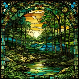 A beautiful Landscape scene with forest, river and bridge in finely detailed stained glass , backlit, the style of Józef Mehoffer.