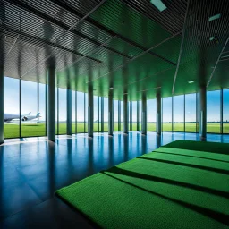 Blue sky and clouds, an empty airport room with a grass floor, rectangular pillars, liminal space, real photograph, drop ceiling, fluorescent lighting, dim lighting.