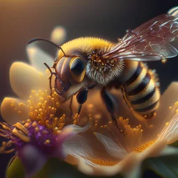 close-up macro photography of a beautiful honey bee on nice flower,honey comb, centered, ultra realistic, artstation, unreal engine 5, octane render , close up portrait photo by Annie Leibovitz, film, studio lighting, detailed skin