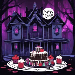 [a hazbin hotel-style image with noisy scratches and glitches, capturing the essence of an eerie scene] a Spooky Birthday Party unlike any other, hosted by Pugsley Addams himself. Within the eerie halls of the Addams Family mansion, haunted cakes with spiderweb frosting and ghostly party games that defy the laws of the living await the guests. The decorations, adorned with cobwebs and flickering candles, cast a spectral glow over the festivities. As the peculiar guests mingle in the shadows, Pug