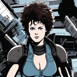 [wii No More Heroes style with thick lines] the iconic Alien scene with youthful Sigourney Weaver as Ellen Ripley in sloggy