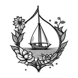 Neo-Traditional Old School Tattoo Design featuring a Guitar, flowers, the Sun, a Compass, and a Sailboat sailing over the sea waves, simple and small, Tattoo Art. simpler, stylized, sketch, black and white. Modern, geometric, very clean. Picasso inspiration. Manly. Blackline. Smaller. Undetailed. Tiny. Cleaner.