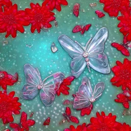  Прозрачная Бабочка из воды и букет венок маленькие красные стеклянные цветы в жемчужном сиянии капли дождя