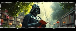 darth vader as a librarian in bright garden , pinhole cam, airbrush 3d rendering, in the style of John Atkinson Grimshaw , torn edges on border